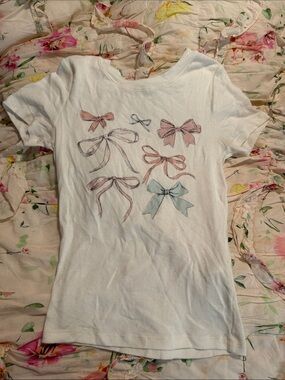 Girls' White Bow Print Short Sleeve Tee